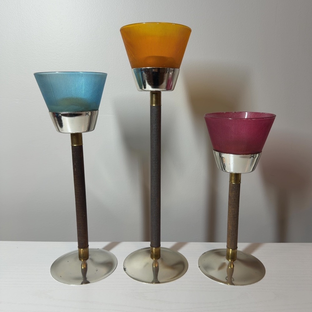 MCM Vintage Set of 3 Ribbed Glass Teak Wood Metal Candle Holders Colorful